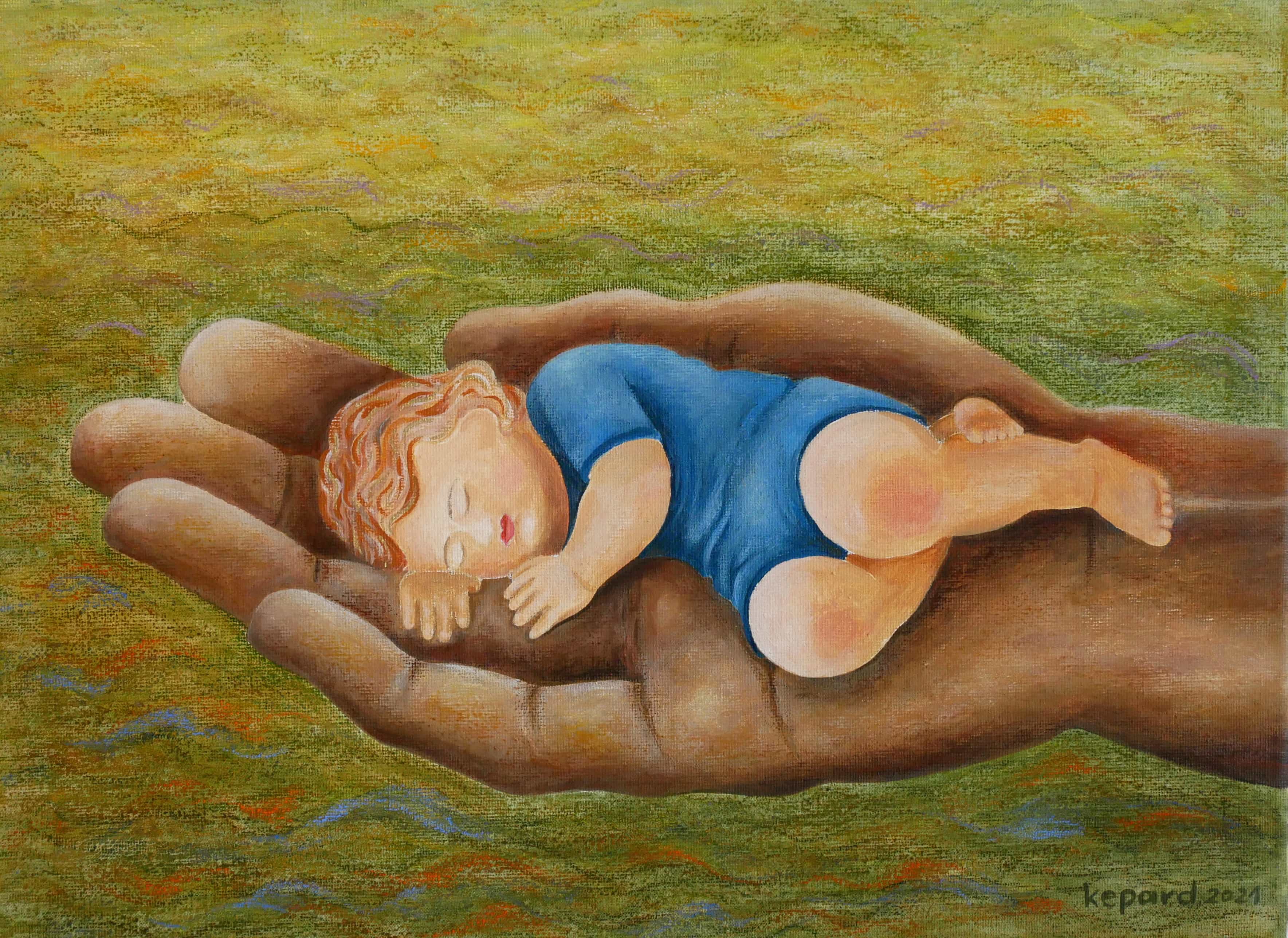 17 Geborgen in Gottes Hand 2021 Acrylfarbe Pastellkreide auf Leinwand 30x40