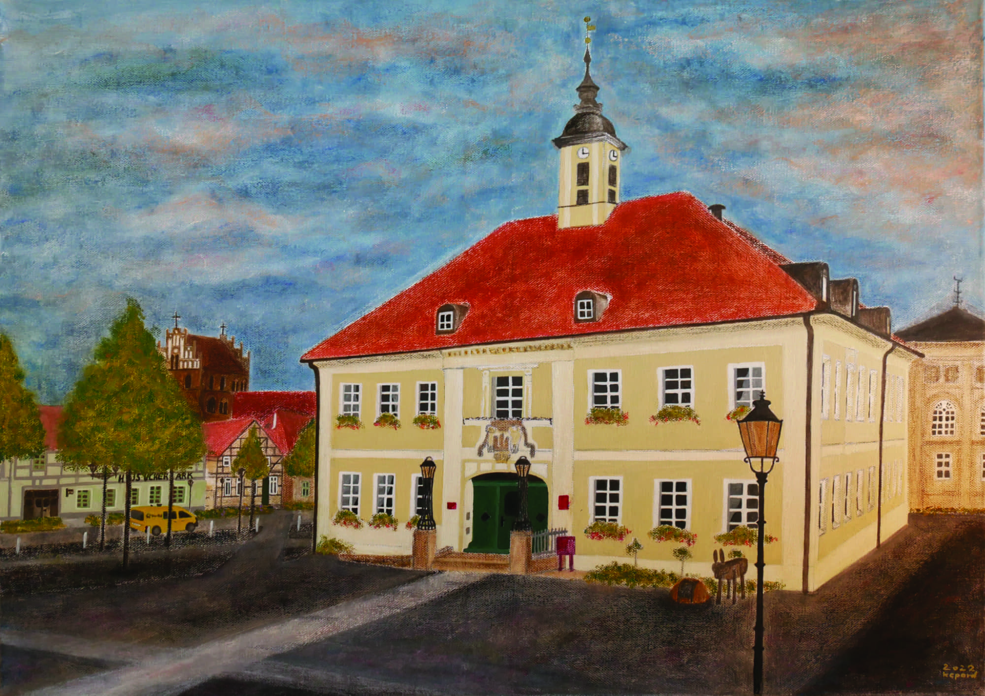 21 Rathaus in Angermünde 2022 Pastellkreide Acrylfarbe auf Leinwand 50 x 70